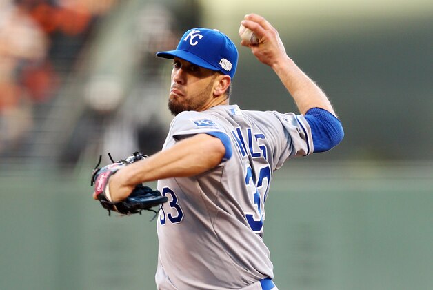 Kansas City Royals pitcher James Shields throws during the first inning of Game 5 of baseball's World Series against the San Francisco Giants Sunday, Oct. 26, 2014, in San Francisco. (AP Photo/Else, Pool)