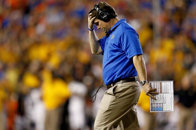 GAINESVILLE, FL - OCTOBER 18: Head coach Will Muschamp of the Florida Gators reacts during the second quarter of the game against the Missouri Tigers at Ben Hill Griffin Stadium on October 18, 2014 in Gainesville, Florida.  (Photo by Rob Foldy/Getty Images)