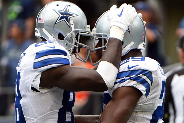 SEATTLE, WA - OCTBER 12: Running back DeMarco Murray #29 of the Dallas Cowboys celebrates with wide receiver Dez Bryant #88 of the Dallas Cowboys after scoring a touchdown during the fourth quarter of the game against the Seattle Seahawks at CenturyLink Field on October 12, 2014 in Seattle,Washington. (Photo by Steve Dykes/Getty Images)