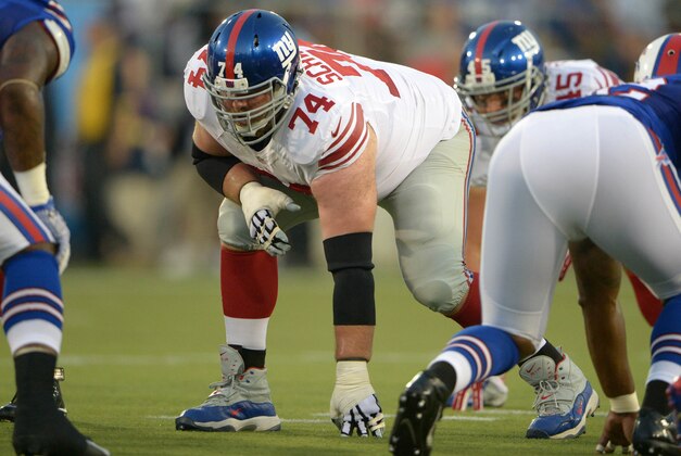 Aug 3, 2014; Canton, OH, USA; New York Giants left guard Geoff Schwartz (74) during the 2014 Hall of Fame game against the Buffalo Bills at Fawcett Stadium. Mandatory Credit: Kirby Lee-USA TODAY Sports