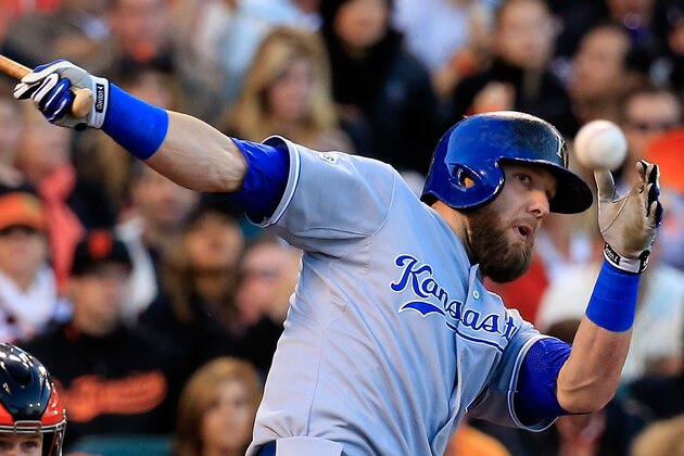 SAN FRANCISCO, CA - OCTOBER 26: Alex Gordon #4 of the Kansas City Royals bats against the San Francisco Giants during Game Five of the 2014 World Series at AT&T Park on October 26, 2014 in San Francisco, California.  (Photo by Rob Carr/Getty Images)