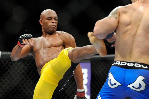 Anderson Silva kicks Chris Weidman during their UFC 162 mixed martial arts middleweight championship bout at the MGM Grand Garden Arena on Saturday, July 6, 2013, in Las Vegas. Weidman won the fight with a TKO. (AP Photo/David Becker) Anderson Silva kicks Chris Weidman during their UFC 162 mixed martial arts middleweight championship bout at the MGM Grand Garden Arena on Saturday, July 6, 2013, in Las Vegas. Weidman won the fight with a TKO. (AP Photo/David Becker)