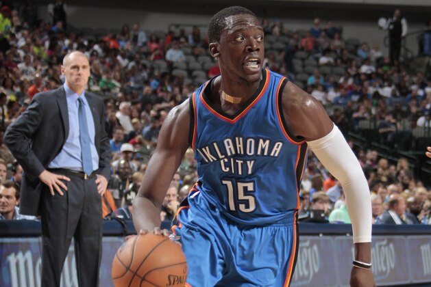 DALLAS, TX - OCTOBER 10: Reggie Jackson #15 of the Oklahoma City Thunder drives against the Dallas Mavericks on October 10, 2014 at the American Airlines Center in Dallas, Texas. NOTE TO USER: User expressly acknowledges and agrees that, by downloading and or using this photograph, User is consenting to the terms and conditions of the Getty Images License Agreement. Mandatory Copyright Notice: Copyright 2014 NBAE (Photo by Danny Bollinger/NBAE via Getty Images)
