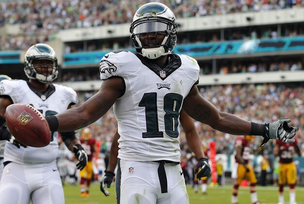 Sep 21, 2014; Philadelphia, PA, USA; Philadelphia Eagles wide receiver Jeremy Maclin (18) celebrates his touchdown against the Washington Redskins during the fourth quarter at Lincoln Financial Field. Mandatory Credit: Jeffrey G. Pittenger-USA TODAY Sports