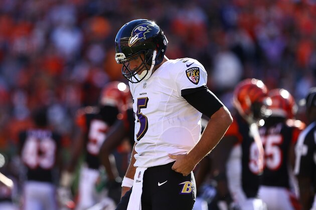 CINCINNATI, OH - OCTOBER 26 : Joe Flacco #5 of the Baltimore Ravens walks off of the field during the fourth quarter of the game against the Cincinnati Bengals at Paul Brown Stadium on October 26, 2014 in Cincinnati, Ohio. Cincinnati defeated Baltimore 27-24. (Photo by Andy Lyons/Getty Images) CINCINNATI, OH - OCTOBER 26 : Joe Flacco #5 of the Baltimore Ravens walks off of the field during the fourth quarter of the game against the Cincinnati Bengals at Paul Brown Stadium on October 26, 2014 in Cincinnati, Ohio. Cincinnati defeated Baltimore 27-24. (Photo by Andy Lyons/Getty Images)