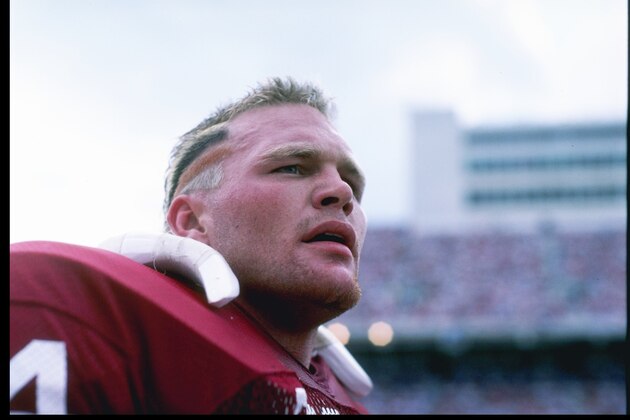 1985:  Defensive lineman Brian Bosworth of the Oklahoma Sooners stands on the sidelines during a game in Norman, Oklahoma.+Mandatory Credit: Allsport  /Allsport