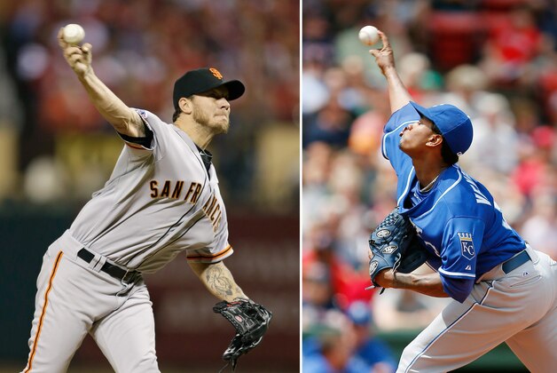 FILE - At left, in an Oct. 12, 2014, file photo, San Francisco Giants' Jake Peavy throws during the second inning in Game 2 of the National League baseball championship series against the St. Louis Cardinals in St. Louis. At right, in a July 20, 2014, file photo, Kansas City Royals' Yordano Ventura pitches during the first inning of a baseball game against the Boston Red Sox in Boston. The Giants try to take a 2-0 lead in the World Series when Jake Peavy starts against Kansas City rookie Yordano Ventura, Wednesday, Oct. 22, 2014, in Kansas City, Mo.  (AP Photo/File)