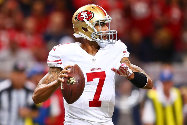 ST LOUIS, MO - OCTOBER 13:   Colin Kaepernick #7 of the San Francisco 49ers looks to pass against the St. Louis Rams in the second quarter at Edward Jones Dome on October 13, 2014 in St Louis, Missouri.  (Photo by Dilip Vishwanat/Getty Images)