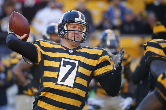 Pittsburgh Steelers quarterback Ben Roethlisberger (7) warms up before the NFL football game against the Indianapolis Colts, Sunday, Oct. 26, 2014 in Pittsburgh. (AP Photo/Gene J. Puskar)