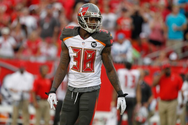 Sep 7, 2014; Tampa, FL, USA; Tampa Bay Buccaneers free safety Dashon Goldson (38) against the Carolina Panthers during the second half at Raymond James Stadium. Carolina Panthers defeated the Tampa Bay Buccaneers 20-14. Mandatory Credit: Kim Klement-USA TODAY Sports