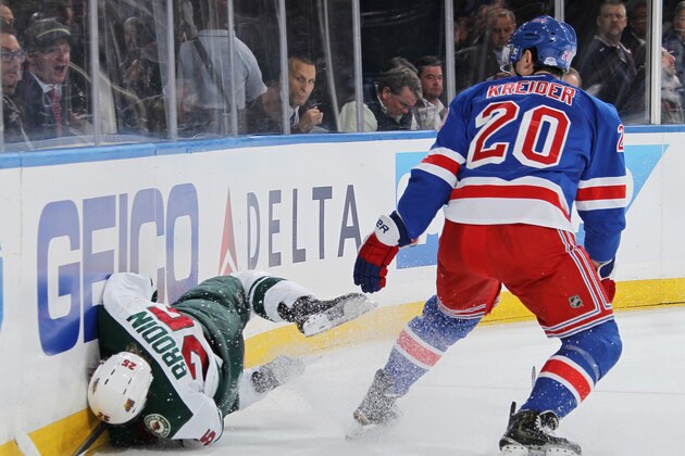 NEW YORK, NY - OCTOBER 27:  Chris Kreider #20 of the New York Rangers checks Jonas Brodin #25 of the Minnesota Wild into the boards at Madison Square Garden on October 27, 2014 in New York City. Chris Kreider received a five minute major for boarding on the play. (Photo by Jared Silber/NHLI via Getty Images)