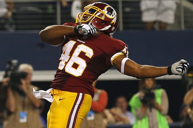 ARLINGTON, TX - OCTOBER 27:  Alfred Morris #46 of the Washington Redskins reacts after scoring a touchdown against the Dallas Cowboys during the second half at AT&T Stadium on October 27, 2014 in Arlington, Texas.  (Photo by Tom Pennington/Getty Images)