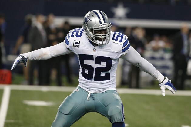 Dallas Cowboys outside linebacker Justin Durant (52) celebrates a play during the second half of an NFL football game against the New York Giants, Sunday, Oct.  19, 2014, in Arlington, Texas. (AP Photo/Brandon Wade)