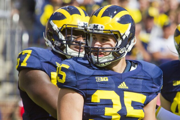 Michigan linebacker Joe Bolden (35) in the first quarter of an NCAA college football game against Miami (Ohio) in Ann Arbor, Mich., Saturday, Sept. 13, 2014. (AP Photo/Tony Ding)