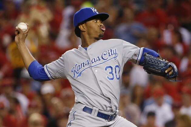 Kansas City Royals starting pitcher Yordano Ventura throws against the Los Angeles Angels during the first inning of Game 2 of baseball's AL Division Series in Anaheim, Calif., Friday, Oct. 3, 2014. (AP Photo/Lenny Ignelzi)