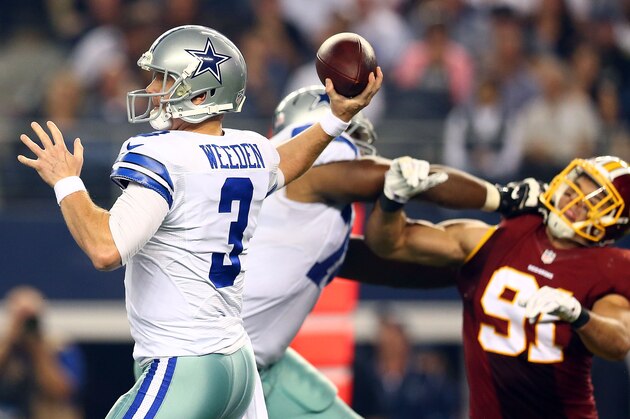 ARLINGTON, TX - OCTOBER 27:  Brandon Weeden #3 of the Dallas Cowboys passes against the Washington Redskins rushes during the second half at AT&T Stadium on October 27, 2014 in Arlington, Texas.  (Photo by Ronald Martinez/Getty Images)