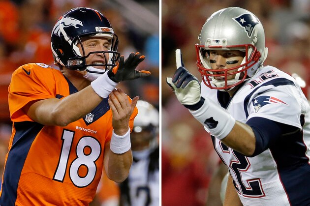 FILE - At left, in an Oct. 23, 2014, file photo, Denver Broncos quarterback Peyton Manning calls a play against the San Diego Chargers during the first half of an NFL football game in Denver. At right, in a Sept. 29, 2014, file photo, New England Patriots quarterback Tom Brady points on the line of scrimmage during the first quarter of an NFL football game against the Kansas City Chiefs in Kansas City, Mo. New England has little time to savor its fourth straight win, a 51-23 pounding of the Chicago Bears. The Patriots must get ready to host Peyton Manning and the Denver Broncos next Sunday in the first of five straight games against top teams.(AP Photo/File)