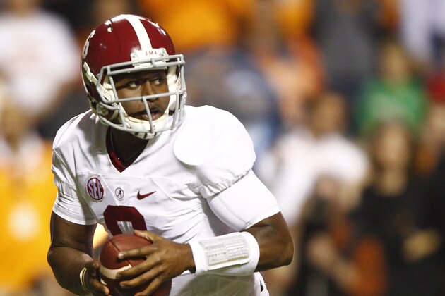 Alabama quarterback Blake Sims (6) looks for a receiver in the first quarter of an NCAA college football game against Tennessee, Saturday, Oct. 25, 2014 in Knoxville, Tenn. (AP Photo/Wade Payne)
