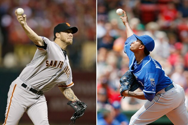 FILE - At left, in an Oct. 12, 2014, file photo, San Francisco Giants' Jake Peavy throws during the second inning in Game 2 of the National League baseball championship series against the St. Louis Cardinals in St. Louis. At right, in a July 20, 2014, file photo, Kansas City Royals' Yordano Ventura pitches during the first inning of a baseball game against the Boston Red Sox in Boston. The Giants try to take a 2-0 lead in the World Series when Jake Peavy starts against Kansas City rookie Yordano Ventura, Wednesday, Oct. 22, 2014, in Kansas City, Mo.  (AP Photo/File)