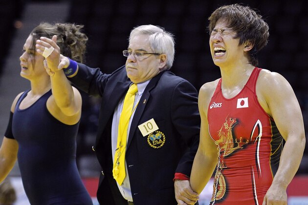 TOKYO, JAPAN - MAY 26:  Kyoko Hamaguchi (R) of Japan reacts as she loses the 72kg division of the second round match against Adeline Gray (L) of the United States between Japan and the United States during day one of the 2012 Female Wrestling World Cup at Yoyogi National Gymnasium on May 26, 2012 in Tokyo, Japan.  (Photo by Kiyoshi Ota/Getty Images)