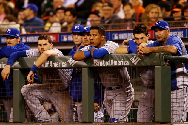 SAN FRANCISCO, CA - OCTOBER 26: Salvador Perez #13 of the Kansas City Royals looks on from the dugout against the San Francisco Giants during Game Five of the 2014 World Series at AT&T Park on October 26, 2014 in San Francisco, California.  (Photo by Elsa/Getty Images)