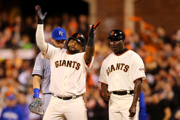 SAN FRANCISCO, CA - OCTOBER 26:  Pablo Sandoval #48 of the San Francisco Giants reacts after hitting a single in the eighth inning against the Kansas City Royals during Game Five of the 2014 World Series at AT&T Park on October 26, 2014 in San Francisco, California.  (Photo by Elsa/Getty Images)