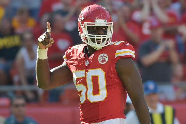 Oct 26, 2014; Kansas City, MO, USA; Kansas City Chiefs outside linebacker Justin Houston (50) celebrates after sacking St. Louis Rams quarterback Austin Davis (9) (not pictured) during the second half at Arrowhead Stadium. The Chiefs won 34-7. Mandatory Credit: Denny Medley-USA TODAY Sports