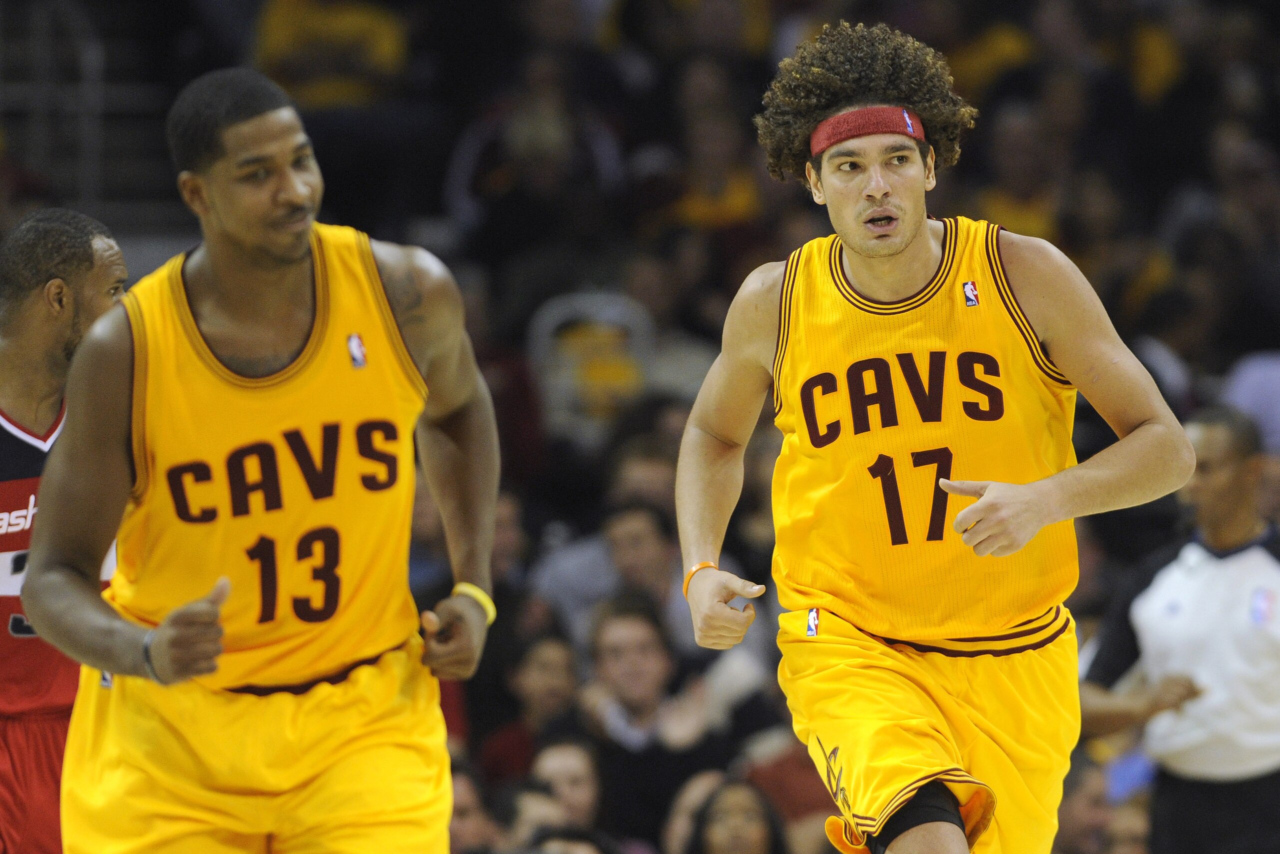 CLEVELAND, OH - OCTOBER 30: Tristan Thompson #13 and Anderson Varejao #17 of the Cleveland Cavaliers run down court during the game against the Washington Wizards at Quicken Loans Arena on October 30, 2012 in Cleveland, Ohio. The Cavaliers defeated the Wizards 94-84. NOTE TO USER: User expressly acknowledges and agrees that, by downloading and/or using this Photograph, user is consenting to the terms and conditions of the Getty Images License Agreement. (Photo by Jason Miller/Getty Images)