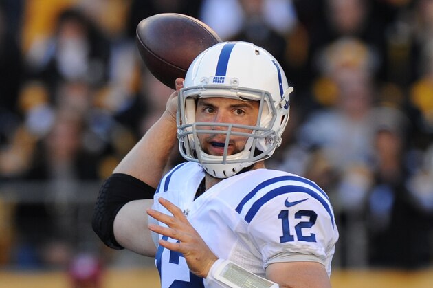 Indianapolis Colts quarterback Andrew Luck (12) passes in the first quarter of the NFL football game against the Pittsburgh Steelers, Sunday, Oct. 26, 2014 in Pittsburgh. (AP Photo/Don Wright) Indianapolis Colts quarterback Andrew Luck (12) passes in the first quarter of the NFL football game against the Pittsburgh Steelers, Sunday, Oct. 26, 2014 in Pittsburgh. (AP Photo/Don Wright)