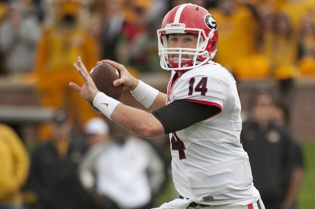 Georgia quarterback Hutson Mason throws a pass during the first quarter of an NCAA college football game against Missouri, Saturday, Oct. 11, 2014, in Columbia, Mo. (AP Photo/L.G. Patterson)