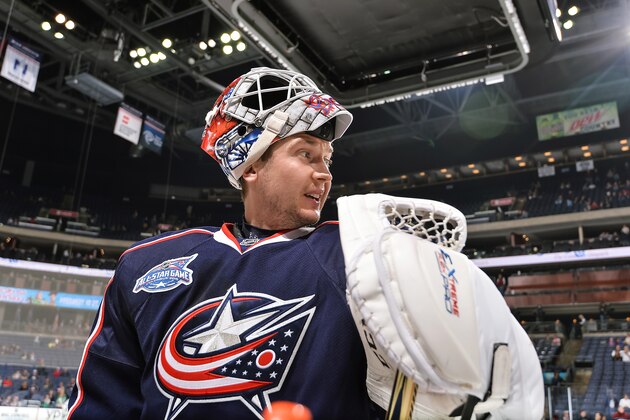 COLUMBUS, OH - OCTOBER 14:   Goaltender Sergei Bobrovsky #72 of the Columbus Blue Jackets warms up before a game against the Dallas Stars on October 14, 2014 at Nationwide Arena in Columbus, Ohio.  (Photo by Jamie Sabau/NHLI via Getty Images)