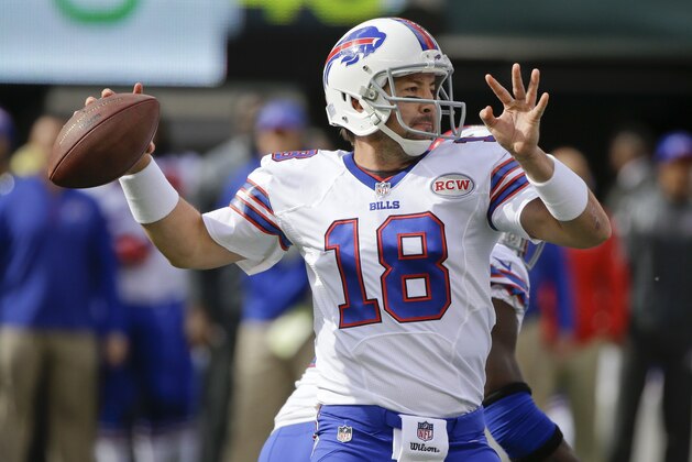 Buffalo Bills quarterback Kyle Orton (18) throws a pass during the first half of an NFL football game against the New York Jets Sunday, Oct. 26, 2014, in East Rutherford.  (AP Photo/Seth Wenig)