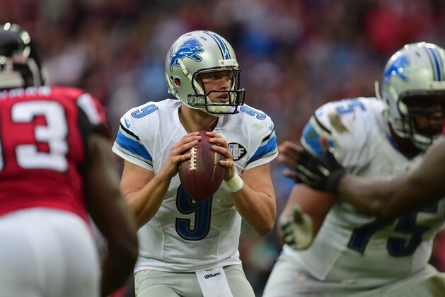 LONDON, ENGLAND - OCTOBER 26:  Matthew Stafford #9 of the Detroit Lions looks to pass the ball during the NFL match between Detroit Lions and  Atlanta Falcons at Wembley Stadium on October 26, 2014 in London, England.  (Photo by Jamie McDonald/Getty Images)