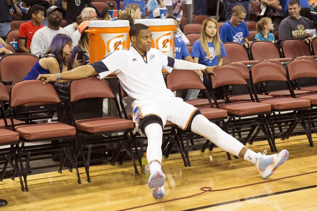 WICHITA KS - OCTOBER 17:  Russell Westbrook #0 of the Oklahoma City Thunder looks on before the game against the Toronto Raptors on October 17, 2014 at the Intrust Bank Arena in Wichita, Kansas. NOTE TO USER:  User expressly acknowledges and agrees that, by downloading and/or using this photograph, user is consenting to the terms and conditions of the Getty Images License Agreement. Mandatory Copyright Notice:  Copyright 2014 NBAE (Photo by Richard Rowe/NBAE via Getty Images)