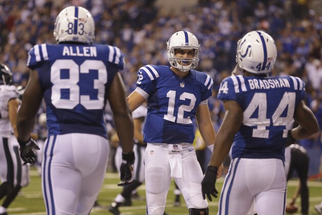 FILE - In this Sept. 15, 2014, file photo, Indianapolis Colts' Ahmad Bradshaw (44) is congratulated by quarterback Andrew Luck (12) after scoring on a seven yard touchdown reception during the second half of an NFL football game against the Philadelphia Eagles   in Indianapolis. At left is tight end Dwayne Allen (83). Luck and the Colts are clicking on all cylinders. The running game has produced three straight 100-yard games, and Luck is on pace for the more productive season in Colts history. (AP Photo/Michael Conroy, File)