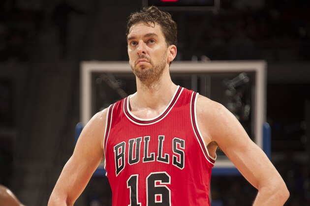 AUBURN HILLS, MI - OCTOBER 7:  Pau Gasol #16 of the Chicago Bulls looks on against the Detroit Pistons on October 7, 2014 at The Palace of Auburn Hills in Auburn Hills, Michigan. NOTE TO USER: User expressly acknowledges and agrees that, by downloading and/or using this photograph, User is consenting to the terms and conditions of the Getty Images License Agreement.  Mandatory Copyright Notice: Copyright 2014 NBAE (Photo by Dan Lippitt/NBAE via Getty Images)