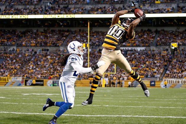 PITTSBURGH, PA - OCTOBER 26: Martavis Bryant #10 of the Pittsburgh Steelers catches his second touchdown of the game in front of Josh Gordy #27 of the Indianapolis Colts during the third quarter at Heinz Field on October 26, 2014 in Pittsburgh, Pennsylvania. (Photo by Joe Robbins/Getty Images) PITTSBURGH, PA - OCTOBER 26: Martavis Bryant #10 of the Pittsburgh Steelers catches his second touchdown of the game in front of Josh Gordy #27 of the Indianapolis Colts during the third quarter at Heinz Field on October 26, 2014 in Pittsburgh, Pennsylvania. (Photo by Joe Robbins/Getty Images)