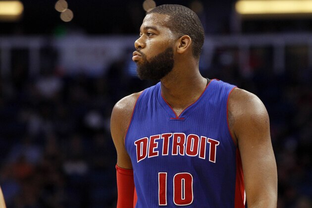 Oct 17, 2014; Orlando, FL, USA; Detroit Pistons forward Greg Monroe (10) against the Orlando Magic during the second half at Amway Center. Orlando Magic defeated the Detroit Pistons 99-87. Mandatory Credit: Kim Klement-USA TODAY Sports