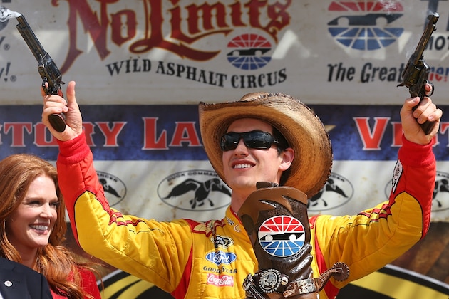 FORT WORTH, TX - APRIL 07:  Joey Logano, driver of the #22 Shell-Pennzoil/Hertz Ford, celebrates in Victory Lane after winning the NASCAR Sprint Cup Series Duck Commander 500 at Texas Motor Speedway on April 7, 2014 in Fort Worth, Texas.  (Photo by Chris Graythen/Getty Images for Texas Motor Speedway)