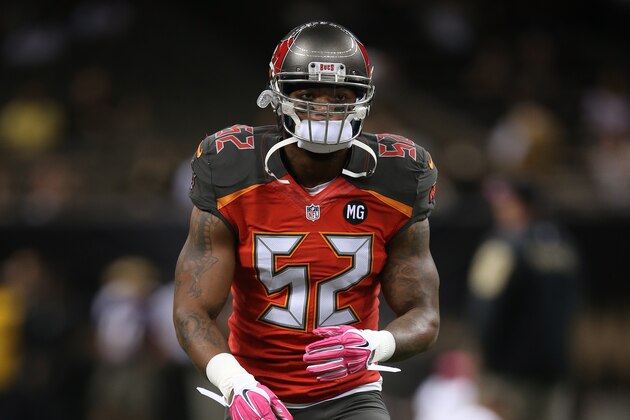 NEW ORLEANS, LA - OCTOBER 05:   Jonathan Casillas #52 of the Tampa Bay Buccaneers against the New Orleans Saints at the Mercedes-Benz Superdome on October 5, 2014 in New Orleans, Louisiana.  (Photo by Chris Graythen/Getty Images)