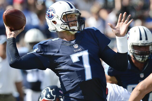 Tennessee Titans quarterback Zach Mettenberger (7) passes against the Houston Texans in the first quarter of an NFL football game Sunday, Oct. 26, 2014, in Nashville, Tenn. (AP Photo/Mark Zaleski)