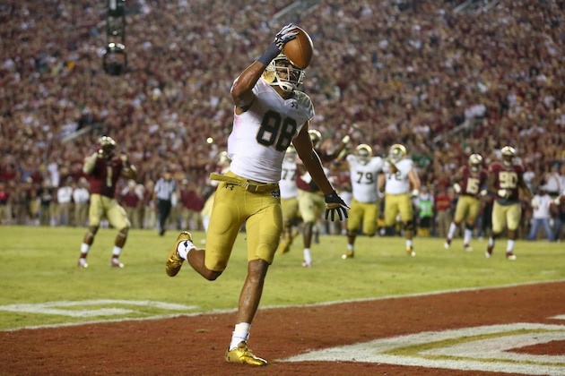 TALLAHASSEE, FL - OCTOBER 18:  Corey Robinson #88 of the Notre Dame Fighting Irish reacts to a touchdown that was called back for pass interference late in the fourth quarter during their game against the Florida State Seminoles at Doak Campbell Stadium on October 18, 2014 in Tallahassee, Florida.  (Photo by Streeter Lecka/Getty Images)