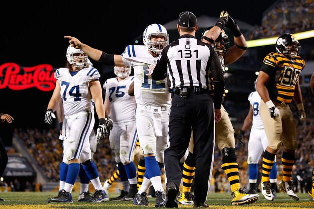 PITTSBURGH, PA - OCTOBER 26:  Andrew Luck #12 of the Indianapolis Colts argues with umpire Mark Pellis #131 after being called for a safety during the fourth quarter against the Pittsburgh Steelers at Heinz Field on October 26, 2014 in Pittsburgh, Pennsylvania.  (Photo by Joe Robbins/Getty Images)