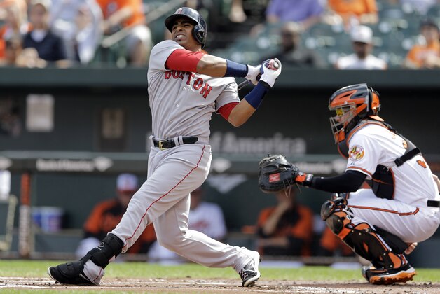 Boston Red Sox's Yoenis Cespedes reacts as he takes a swinging strike in a baseball game against the Baltimore Orioles, Sunday, Sept. 21, 2014, in Baltimore. (AP Photo/Patrick Semansky)