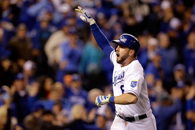 KANSAS CITY, MO - OCTOBER 28:  Mike Moustakas #8 of the Kansas City Royals celebrates after hitting a solo home run in the seventh inning against the San Francisco Giants during Game Six of the 2014 World Series at Kauffman Stadium on October 28, 2014 in Kansas City, Missouri.  (Photo by Ezra Shaw/Getty Images)