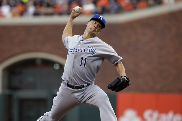 Kansas City Royals pitcher Jeremy Guthrie throws during the first inning of Game 3 of baseball's World Series against the San Francisco Giants Friday, Oct. 24, 2014, in San Francisco. (AP Photo/Matt Slocum)