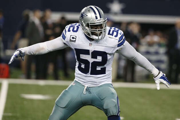 Dallas Cowboys outside linebacker Justin Durant (52) celebrates a play during the second half of an NFL football game against the New York Giants, Sunday, Oct.  19, 2014, in Arlington, Texas. (AP Photo/Brandon Wade)