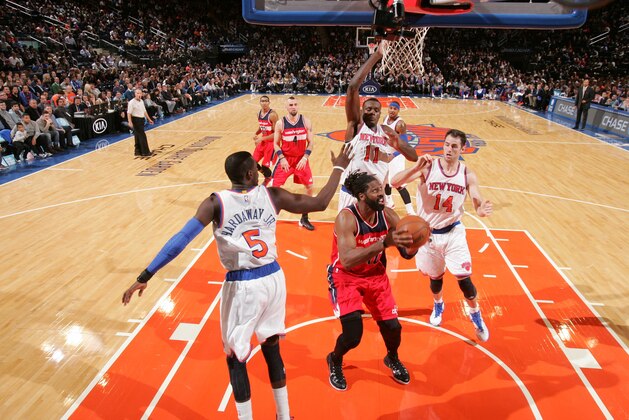 NEW YORK, NY - OCTOBER 22:  Nene #42 of the Washington Wizards goes up for a shot against the New York Knicks during a game at Madison Square Garden in New York City on October 22, 2014.  NOTE TO USER: User expressly acknowledges and agrees that, by downloading and or using this photograph, User is consenting to the terms and conditions of the Getty Images License Agreement. Mandatory Copyright Notice: Copyright 2014 NBAE  (Photo by Nathaniel S. Butler/NBAE via Getty Images)