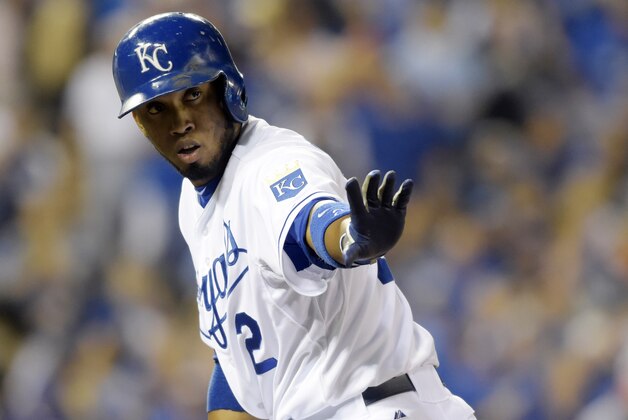 Oct 22, 2014; Kansas City, MO, USA; Kansas City Royals shortstop Alcides Escobar reacts after hitting a single against the San Francisco Giants in the first inning during game two of the 2014 World Series at Kauffman Stadium. Mandatory Credit: Christopher Hanewinckel-USA TODAY Sports
