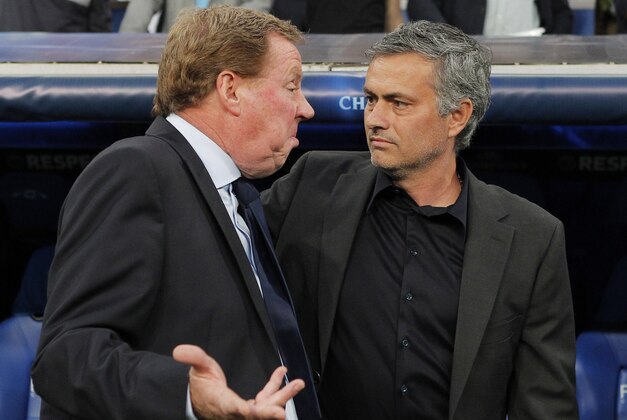 Real Madrid's coach Jose Mourinho form Portugal, right, welcomes Tottenham Hotspur's coach Harry Redknapp during a quarter final, 1st leg Champions League soccer match at the Santiago Bernabeu stadium in Madrid Tuesday April 5, 2011. (AP Photo/Andres Kudacki)